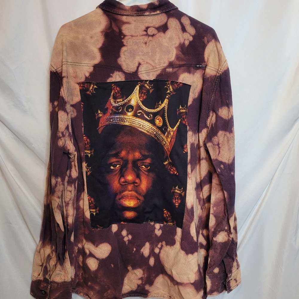 Notorious BIG Biggie Smalls Upcycled Bleached Woven Shirt Button Up Vans XXL